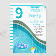 Pool Party 9th Birthday Party Invitations
