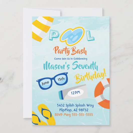 Pool Party Bash Birthday Invitation Kaart (Voorkant)