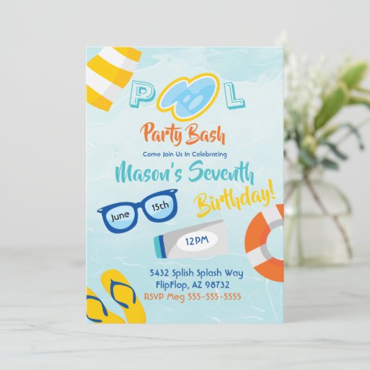 Pool Party Bash Birthday Invitation Kaart (Staand voorkant)