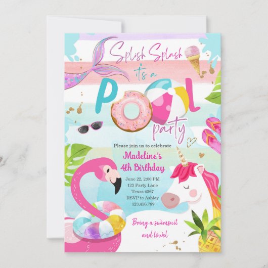 Pool Party Bash Eenhoorn Zeemeermin Flamingo Verja Kaart (Voorkant)