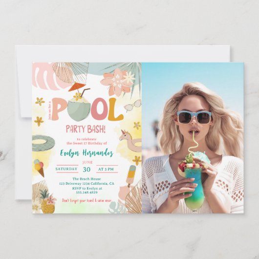 Pool Party Bash Verjaardagsfeestfoto Kaart (Voorkant)