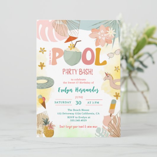Pool Party Bash Verjaardagsfeestje Kaart (Staand voorkant)