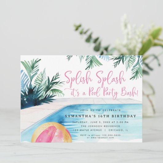 Pool Party Bash Zomer meisjes roze verjaardagsfees Kaart (Staand voorkant)