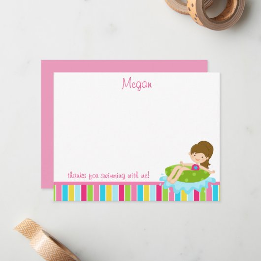 Pool Party Bedankt voor je opmerking - Meisje beda Notitiekaartje (Voorkant / Achterkant in situ)
