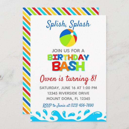 Pool Party Birthday Bash Invitation Kaart (Voorkant / Achterkant)