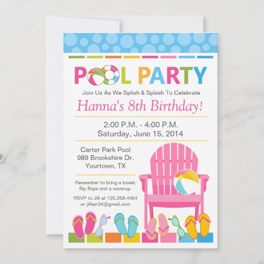 Pool Party Birthday Invitation and Swim Party Kaart (Voorkant)