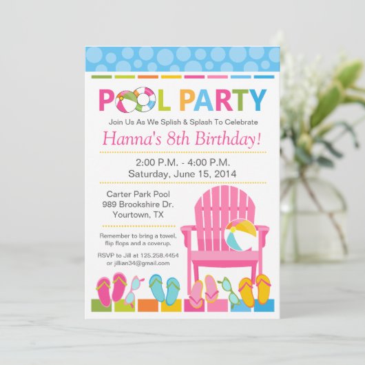 Pool Party Birthday Invitation and Swim Party Kaart (Staand voorkant)