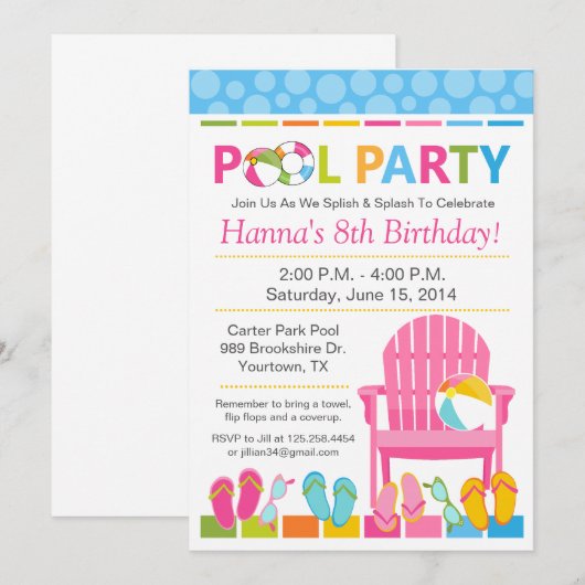 Pool Party Birthday Invitation and Swim Party Kaart (Voorkant / Achterkant)