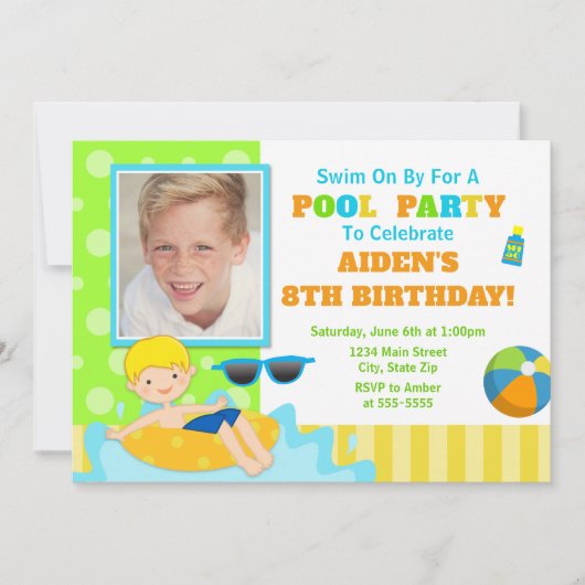 Pool Party Birthday Invitation Blonde Boy Kaart (Voorkant)