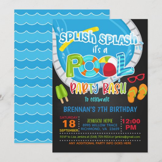 Pool Party Birthday Invitation - Boy BL Kaart (Voorkant / Achterkant)