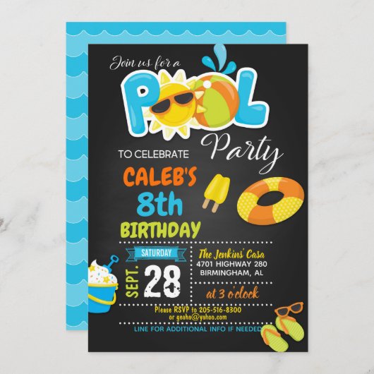 Pool Party Birthday Invitation - Boy Kaart (Voorkant / Achterkant)