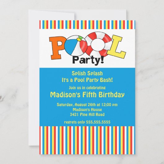 Pool Party Birthday Invitation Bright Stripes! Kaart (Voorkant)
