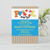 Pool Party Birthday Invitation Bright Stripes! Kaart (Staand voorkant)