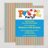 Pool Party Birthday Invitation Bright Stripes! Kaart (Voorkant / Achterkant)