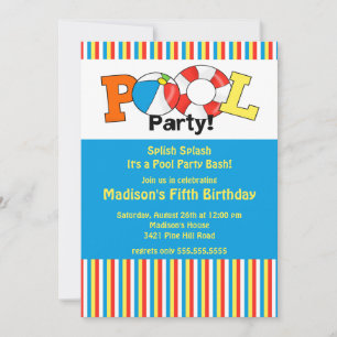 Pool Party Birthday Invitation Bright Stripes! Kaart