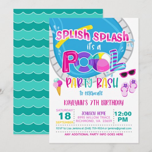 Pool Party Birthday Invitation - Girl WH Kaart (Voorkant / Achterkant)