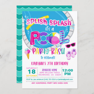 Pool Party Birthday Invitation - Girl WH Kaart