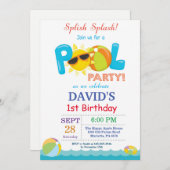 Pool Party Birthday Invitation Splish Splash Boy Kaart (Voorkant / Achterkant)