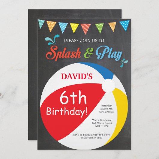 Pool Party Birthday Invitation Splish Splash Boy Kaart (Voorkant / Achterkant)