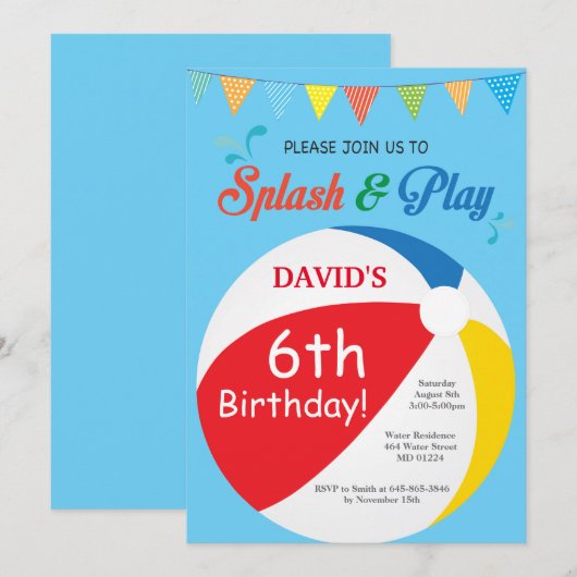Pool Party Birthday Invitation Splish Splash Boy Kaart (Voorkant / Achterkant)