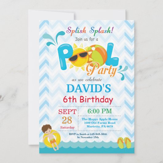 Pool Party Birthday Invitation Splish Splash Boy Kaart (Voorkant)