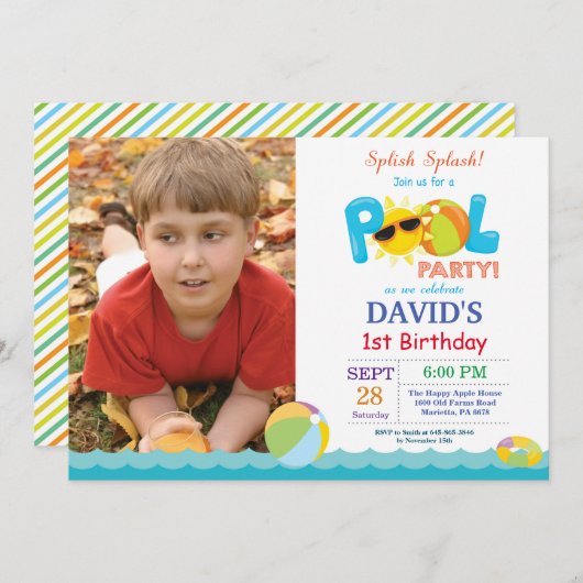 Pool Party Birthday Invitation Splish Splash Boy Kaart (Voorkant / Achterkant)