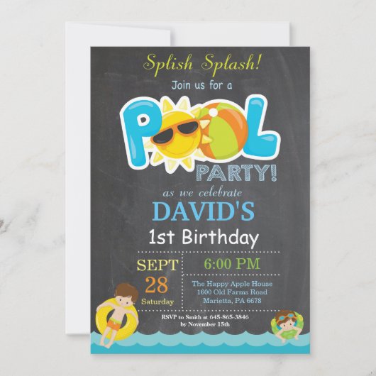 Pool Party Birthday Invitation Splish Splash Boy Kaart (Voorkant)