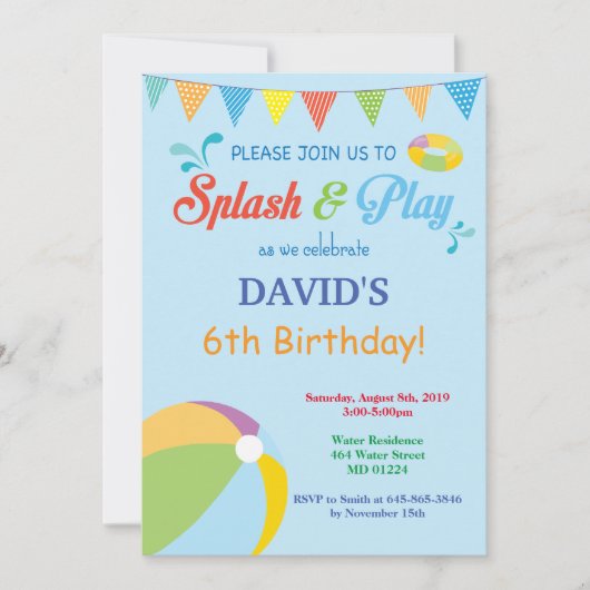 Pool Party Birthday Invitation Splish Splash Boy Kaart (Voorkant)