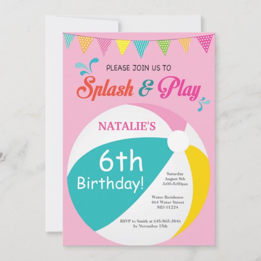 Pool Party Birthday Invitation Splish Splash Girl Kaart (Voorkant)