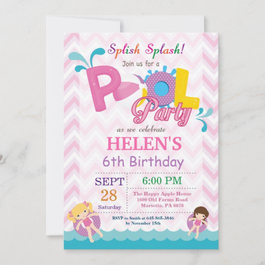 Pool Party Birthday Invitation Splish Splash Girl Kaart (Voorkant)