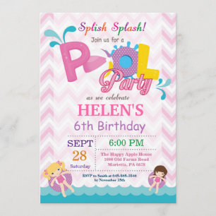 Pool Party Birthday Invitation Splish Splash Girl Kaart