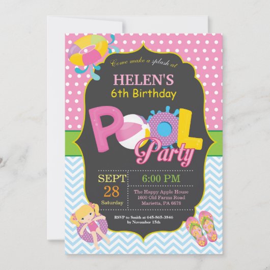 Pool Party Birthday Invitation Splish Splash Girl Kaart (Voorkant)