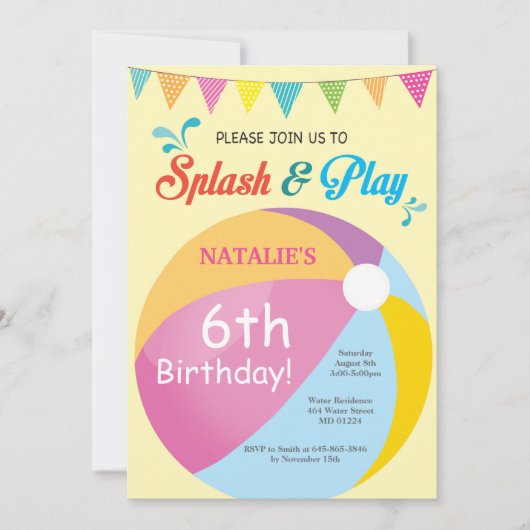Pool Party Birthday Invitation Splish Splash Girl Kaart (Voorkant)