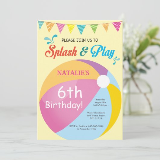 Pool Party Birthday Invitation Splish Splash Girl Kaart (Staand voorkant)