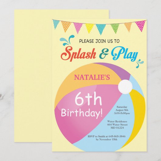 Pool Party Birthday Invitation Splish Splash Girl Kaart (Voorkant / Achterkant)