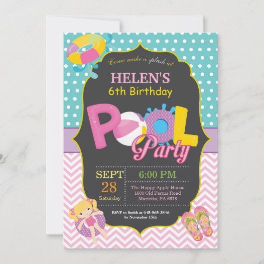 Pool Party Birthday Invitation Splish Splash Girl Kaart (Voorkant)