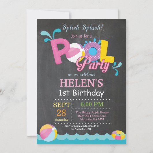 Pool Party Birthday Invitation Splish Splash Girl Kaart (Voorkant)