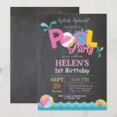 Pool Party Birthday Invitation Splish Splash Girl Kaart (Voorkant / Achterkant)
