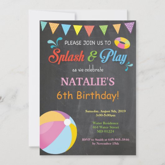 Pool Party Birthday Invitation Splish Splash Girl Kaart (Voorkant)