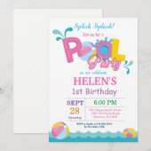 Pool Party Birthday Invitation Splish Splash Girl Kaart (Voorkant / Achterkant)