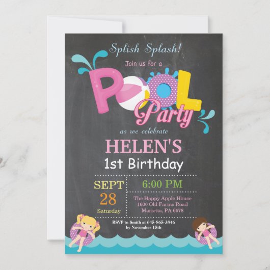 Pool Party Birthday Invitation Splish Splash Girl Kaart (Voorkant)
