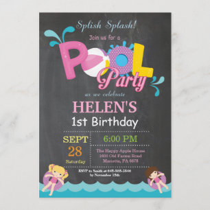 Pool Party Birthday Invitation Splish Splash Girl Kaart