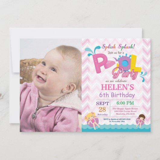 Pool Party Birthday Invitation Splish Splash Girl Kaart (Voorkant)