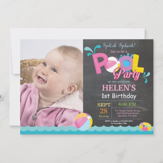 Pool Party Birthday Invitation Splish Splash Girl Kaart (Voorkant)