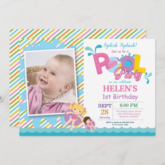 Pool Party Birthday Invitation Splish Splash Girl Kaart (Voorkant / Achterkant)