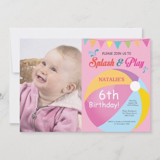 Pool Party Birthday Invitation Splish Splash Girl Kaart (Voorkant)