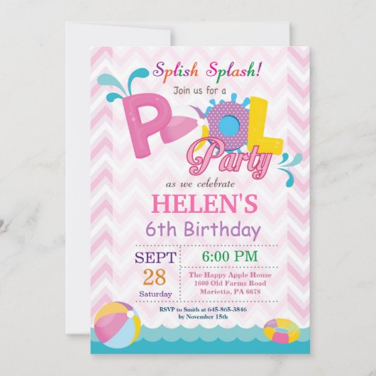 Pool Party Birthday Invitation Splish Splash Girl Kaart (Voorkant)