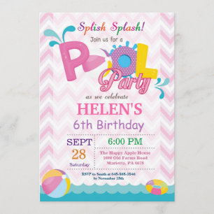 Pool Party Birthday Invitation Splish Splash Girl Kaart