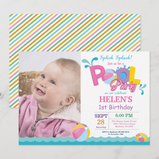 Pool Party Birthday Invitation Splish Splash Girl Kaart (Voorkant / Achterkant)