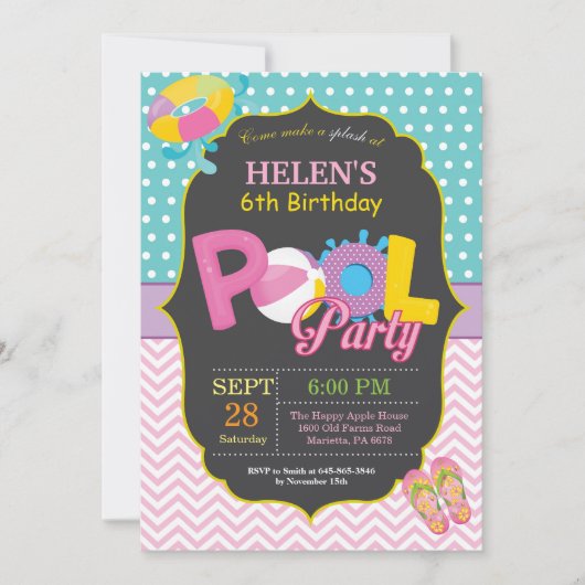 Pool Party Birthday Invitation Splish Splash Girl Kaart (Voorkant)